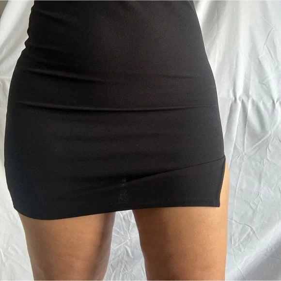 Black Windsor Slit Asymmetrical Strap Mini Dress - Picture 4 of 5